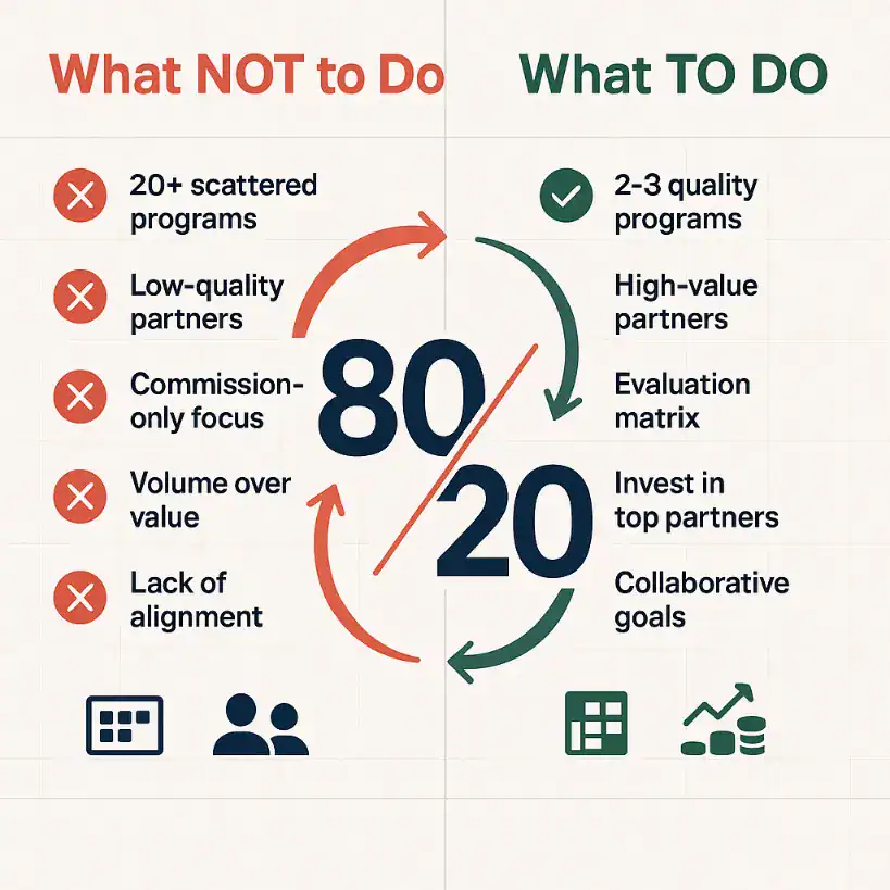 Affiliate program best practices: Focus on 2-3 quality programs. Avoid scattered, low-value partners.